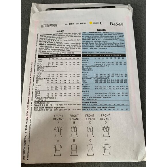 Butterick B4549 Shirt Sewing Pattern Size 16 18 20 22 2005 uncut - Picture 3 of 3